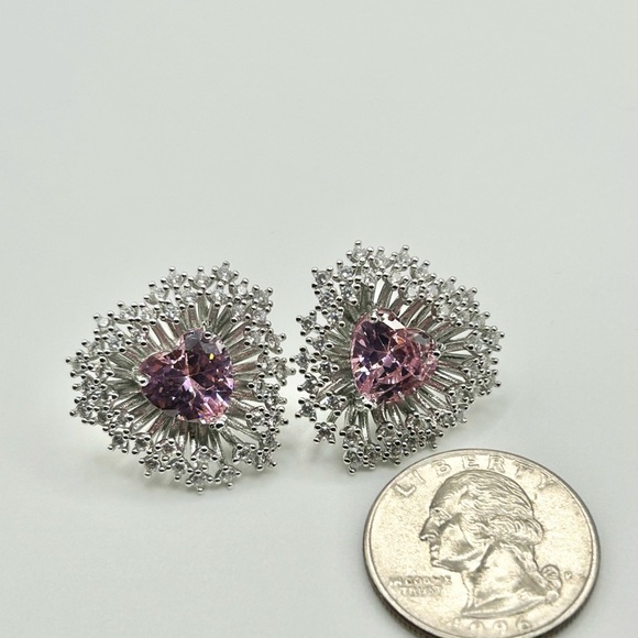 Silver & Pink Heart Floral Statement Stud Earrings White Gold Rhodium Zircon - Picture 3 of 5